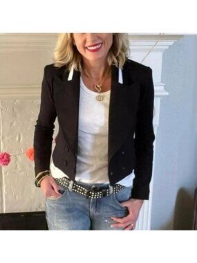 Cabi Black Tie Jacket Double Breasted Crop Blazer Ponte Knit 6033 Women 8